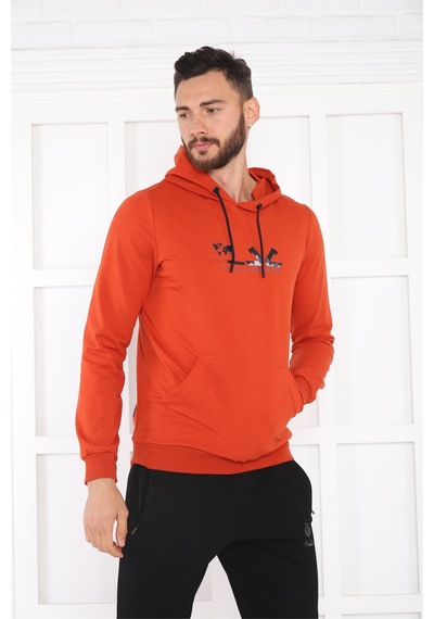Escetic Spor Erkek Kiremit Cepli, Kapüşonlu Sweatshirt-4176