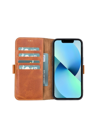 Apple Uyumlu iPhone 13 Deri Cüzdanlı Kılıf Antik Taba