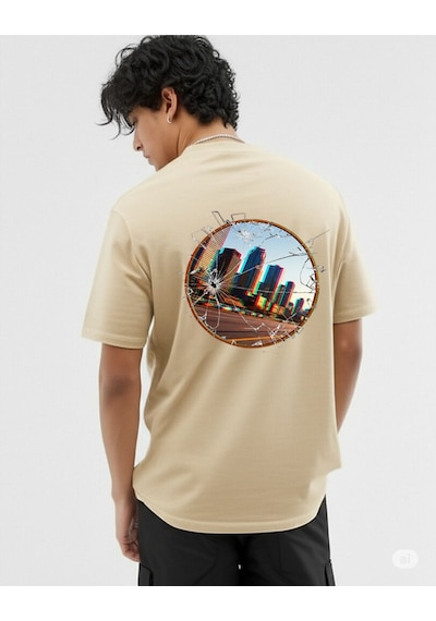 Nevermind Unisex Oversize Tişört Ön Yazı Ve Arka Şehir Manzaralı Kırık Ca Bej