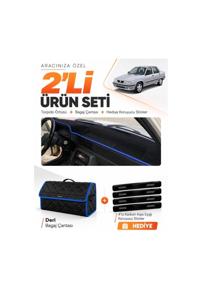 E-biz Renault 9 Broadway 1985-2000 Uyumlu Torpido Örtüsü + Deri Bagaj Çantası - Siyah-mavi - Re003