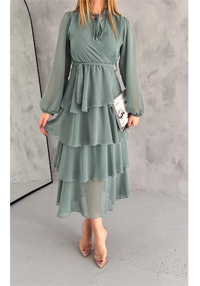 Dip Moda Kadın Astarlı Eteği Kat Kat Şifon Elbise Dpk2041 Mint
