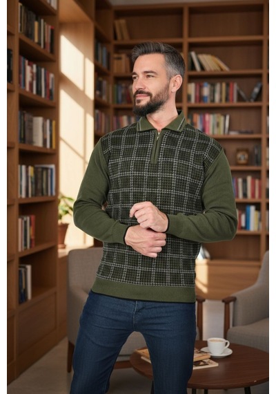 Kamalı Erkek Haki Tüylenme Yapmayan Standart Fit Normal Kesim Kazayağı Desen Polo Yaka Triko Kazak Kamalı Erkek Haki Tüylenme Yapmayan Standart Fit Normal Kesim Kazayağı Desen Polo Yaka Triko Kazak
