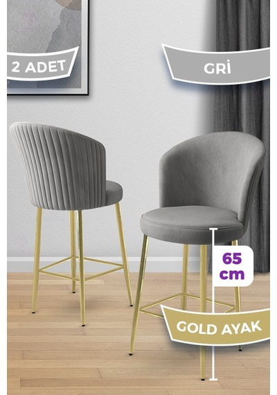 Canisa Alte Serisi 2 Adet Babyface Kumaş 65 Cm Gold Kaplama Ayaklı Gri Bar Sandalyesi Gri Sandalye Gold Kaplama Ayak