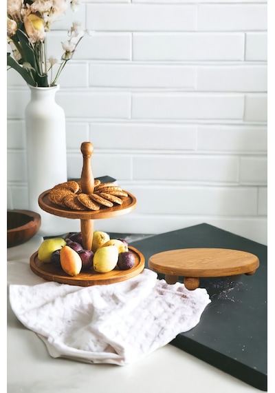 2 Li 2 Katlı Kek Stantı Ve Risus Top Ayaklı 29 Cm Ahşap Yuvarlak
