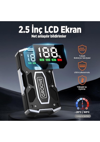 Groove M01 15800mah 2000a Akü Takviye Cihazı Taşınabilir Jump Starter Powerbank+Led Lamba+Lcd Ekran