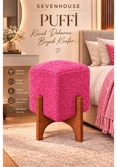 Puffi Ahşap Ayaklı Kare Makyaj Pufu Salon Oturma Pufu Dekoratif Teddy Kumaş Kaplı Puf Şeker Pembe Pembe