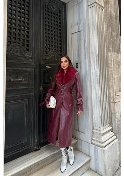 Neşeli Butik Kadın Yaka Çıkarılabilir Kürk Detaylı Düğmeli Deri Trençkot Nbstr1001 Bordo