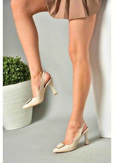 Fox Shoes P250148209 Bej Tokalı Kalın Topuklu Kadın Ayakkabı Bej