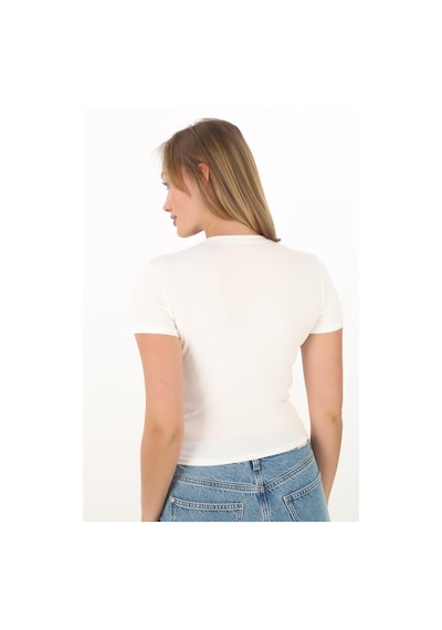 Crop Slim Fit Pamuk Likra Tişört-ekru Ekru