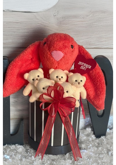 Sole Premium Özel Hediye Kutusunda 45 Cm Mercan Bunny Tavşan Ve 5 Adet Krem Peluş Ayıcık Buketi
