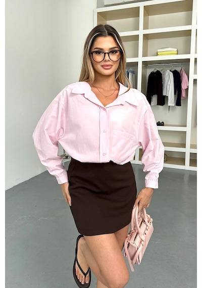 Jee Lee Kadın Uzun Kollu Tek Cepli Salaş Gömlek Pembe - 26y 2131 Pembe