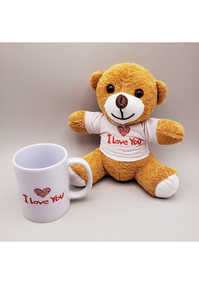 Kahverengi I Love You Tişörtlü Ayıcık Ve Baskılı Kupa Seti 40977604