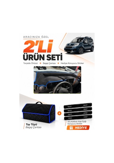 Fiat Fiorino Tam Kapalı 2007-2026 Uyumlu Torpido Örtüsü + Tay Tüyü Bagaj Çantası Seti - Siyah Mavi
