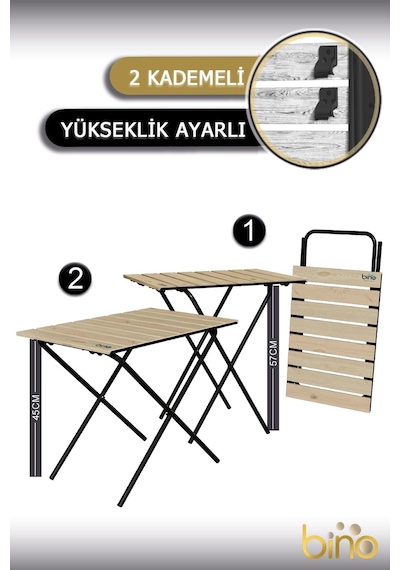 Bino Yükseklik Ayarlı Katlanır Ahşap Kamp Mutfak Piknik Balkon Masası