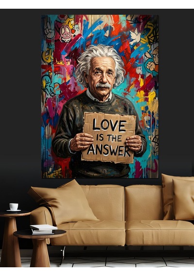 Einstein Aşk Cevaptır Yazılı Tablo Dekoratif Kanvas - Mdf Ahşap Tablo