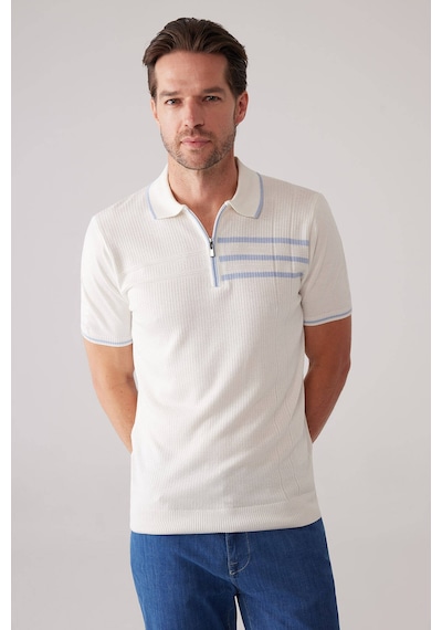 Erkek Kemik Slim Fit Hafif Çizgili Fermuarlı Polo Yaka Tişört