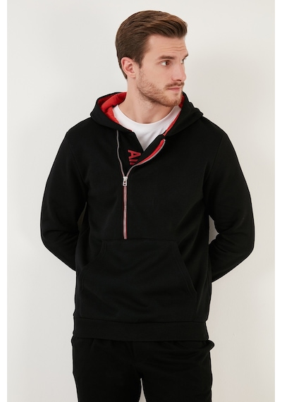 Buratti Kanguru Cepli Fermuarlı Kapüşon Yaka Slim Fit Erkek Sweat 575707 Siyah-Kırmızı