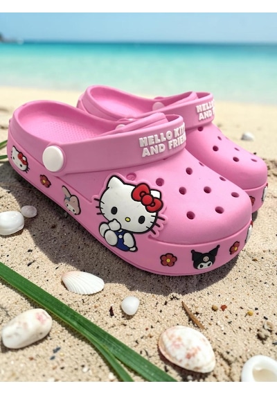 Ellaboni Kız Çocuk Pembe Kitty Kromi Figürlü Kaymaz Taban Terlik Havuz Plaj Deniz Sandaleti