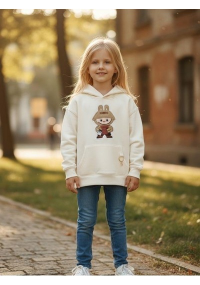 Kız Çocuk Kapüşonlu Karakter Baskılı Anahtarlıklı Sweatshirt-16325 Ekru