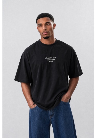 Respire Erkek Craft Nakış Detaylı Oversize T-shirt Siyah