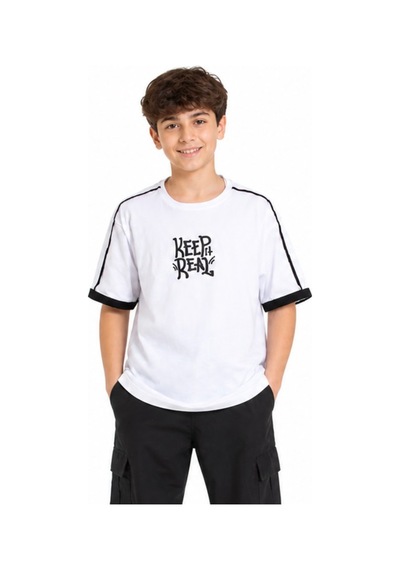 Irem Erkek Çocuk Keep Real Yazılı Düşük Omuz Model Kolu Şerit Detaylı Oversize Kalıp Beyaz Renk Tişört Irem Erkek Çocuk Keep Real Yazılı Düşük Omuz Model Kolu Şerit Detaylı Oversize Kalıp Beyaz Renk Tişört