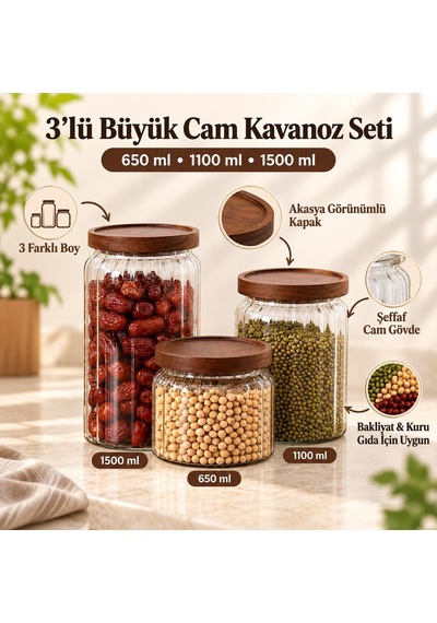 3'lü Cam Erzak Kavanozu Seti 650/1100/1500 Ml Ahşap Kapaklı Çok Renkli
