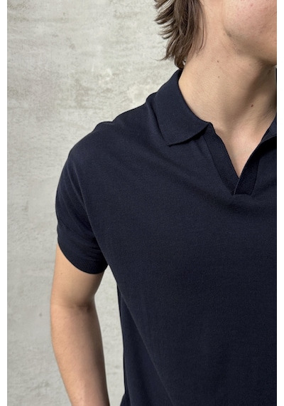 Erkek Oversize Pamuklu Polo Yaka Triko T-shirt Lacivert