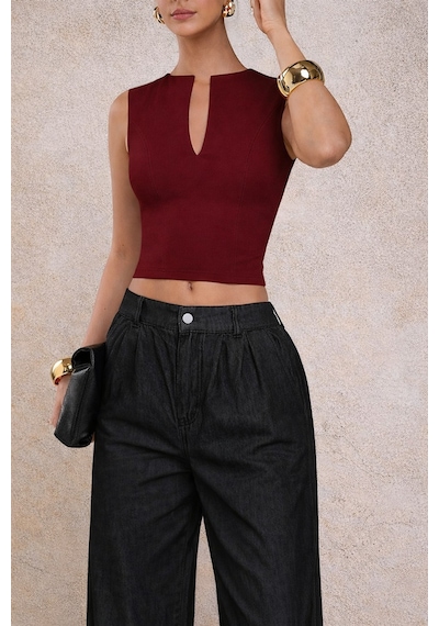 Kadın Derin V Yaka Atlet Esnek Kumaş Crop Üst Bordo