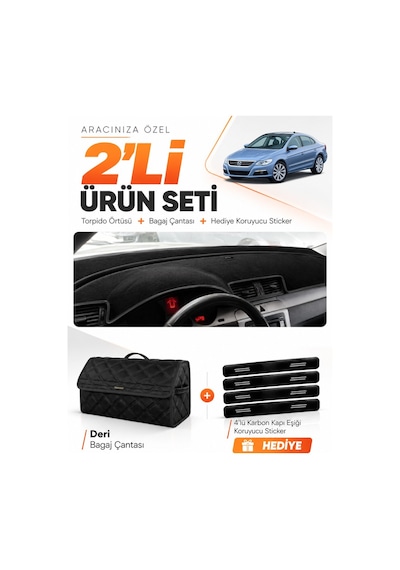 E-biz Volkswagen Passat Cc 2008-2012 Uyumlu Torpido Örtüsü + Deri Bagaj Çantası - Siyah - Vw016