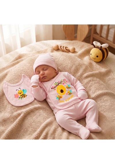 Lexroo %100 Pamuk Yenidoğan Bebek Hastane Çıkış Seti Bal Küpüm Baskılı Pembe 5 'li Bebek Takımı