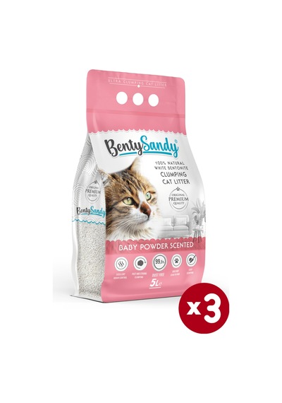 Benty Sandy Bebek Pudra Kokulu İnce Topaklaşan Bentonit Kedi Kumu 3 x 5 L