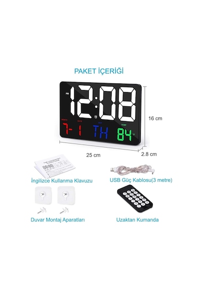 Dijital Duvar Saati Hd Led Ekran Tarih Gün Sıcaklık Alarm Usb Dekoratif 25x16cm Siyah