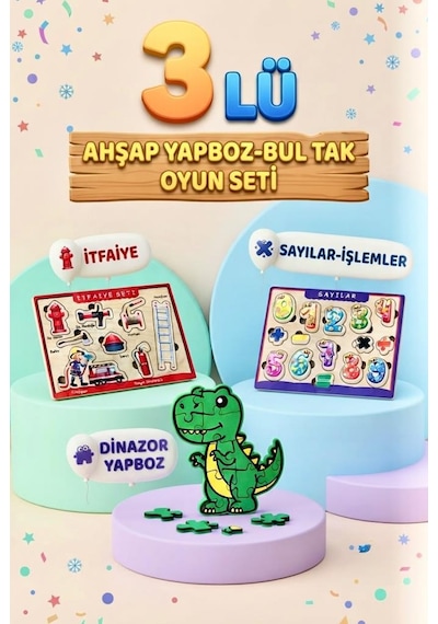 Eğitici Öğterici Ve Eğlenceli 3'lü Ahşap Hikayeli Yapboz Ve Bul-tak Oyun Seti Takımı