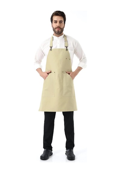 Barista Boyundan Askılı Önlük Kanguru Cepli - Bej Çok Renkli