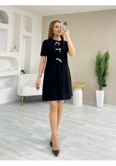 Mythrıva Kadın Kısa Kollu Bisiklet Yaka Önden Fiyonk Detaylı Ithal Krep Elbise Siyah