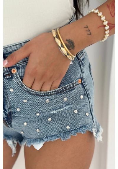 Taş Detaylı Denim Şort Mavi