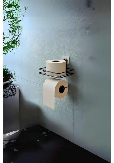 Buççin Online Mağaza Siyah Metal Yapışkanlı Tuvalet Kağıdı Tutucu Raflı Modern Banyo Aksesuarı Metal Tuvalet Kağıtlık M Çok Renkli