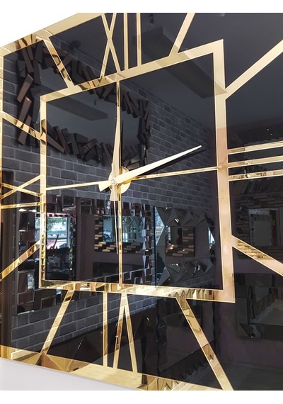 Ayna Denizi Golden Quare Black Model Altın Siyah Renk 60 CM x 60 CM Dekoratif Aynalı Duvar Saati Siyah