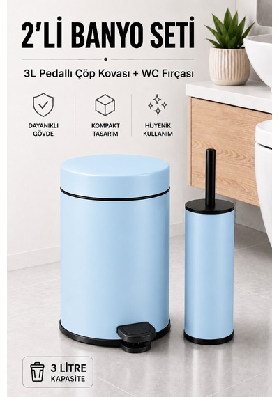 Sas Haus Pedallı Çöp Kovası 3 Litre İç Kovalı Kapaklı Tuvalet Fırçalı Banyo Seti Krom - Titan 7103 Mavi