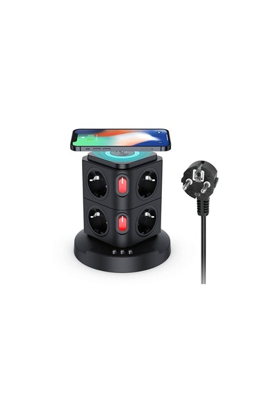 Masaüstü Kablo Toplayıcı 8 Li Priz 3 Usb Kablosuz Şarjlı 2 Metre Kablolu Kule Tipi Çoklu Priz 1 - 3 M