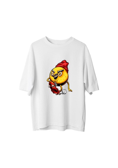Paybuy Kadın Oversize Tişört Kısa Kol Yuvarlak Yaka Cartoon Patates Skat Beyaz