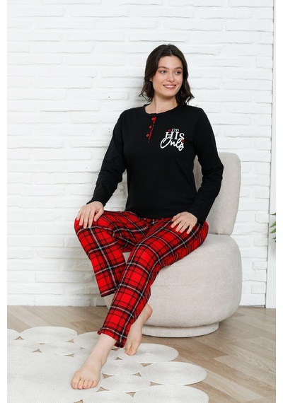 Enisena Kadın Pijama Takımı - Ekose Altlı- Eş Versiyonlu -12581 Siyah