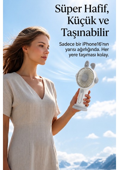 Şarjlı Taşınabilir Sevimli Kulak Tasarımlı Mini Fan 3 Kademeli Hız Telefon Standlı Vantilatör Gri
