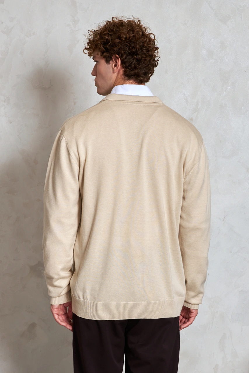 Erkek Pamuklu Polo Yaka Oversize Triko Kazak Krem
