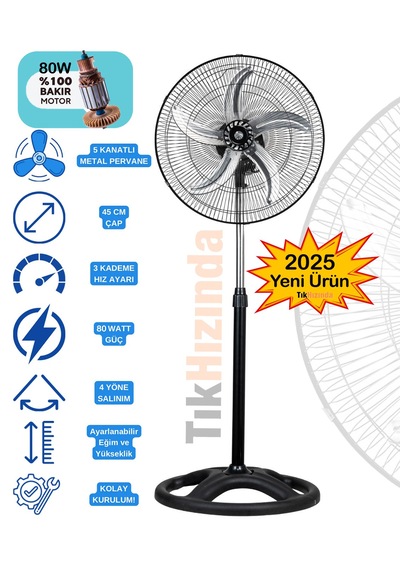 Hi-Link Vantilatör 5 Metal Kanatlı Soğutucu Pervane 80w SİYAH