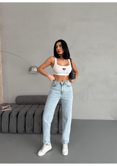 Ara Beden Blue Snow Wash Lycra Mom Jean Mavi