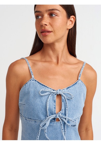 Dilvin Askılı Verev Kesim Denim Elbise Mavi