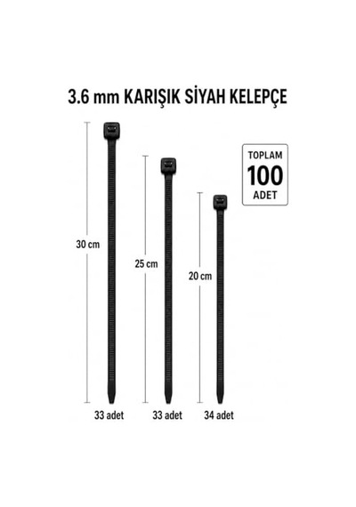 Plastik Kelepçe, Cırt Kelepçe, Kablo Bağı Seti, 100 Adet,karışık Boy 20 Cm, 25 Cm, 30 Cm , 3.6 Mm, Kablo Düzenleme Ve Sabitleme Siyah 3.6
