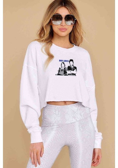 Stanger Things Robin & Steve Baskılı Crop Kadın Beyaz Sweatshirt