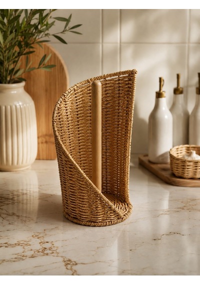 Qerhome Dekoratif Rattan Kağıt Havluluk Standı Bambu Direkli Mutfak Kağıt Havlu Tutacağı Kahverengi